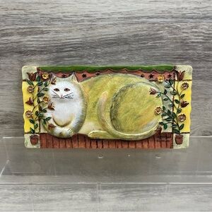 E. Smithson Buttercup Signed Cat Folk Art 3D Resin Wall Plaque Vtg Kitty Flowers